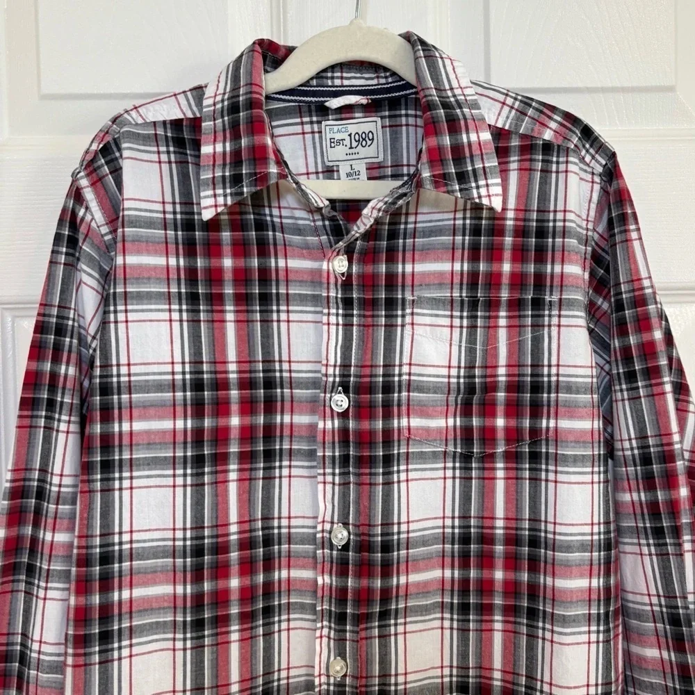The Children's Place Plaid Long Sleeve Button Down Holiday Boys Shirt Sz L 10/12